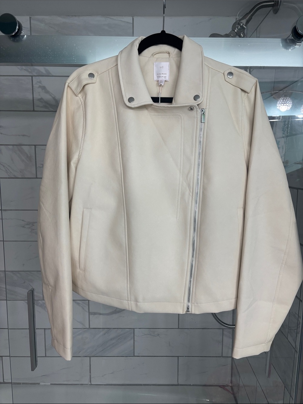 LC Lauren Conrad Faux Leather Cream Asymmetric Zip Moto Jacket